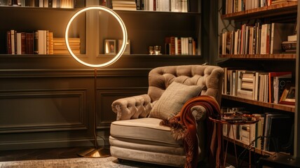 cozy reading nook in the evening, featuring a classic wingback chair and a modern circular floor lamp