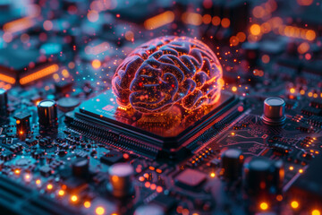 High technology CPU brain central of neural networking, motherboard artificial intelligence electronic brain with glowing light background, futuristic digital network. - obrazy, fototapety, plakaty