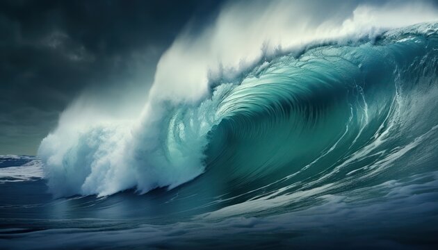 Beautiful reflection on the wave. Powerful storm surge wave before gurgling and foaming, ocean wave panoramic background