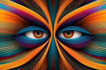 An art painting with a huge eye surrounded by colorful lines, yarn textures, and artwork hanging paintings, wallpaper Illustration
