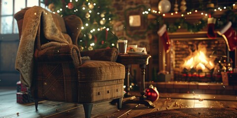 Festive living room with Christmas tree and fireplace. Perfect for holiday season decorations