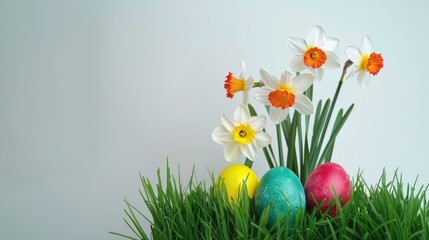Fototapeta na wymiar Colorful Easter eggs with beautiful daffodils, perfect for spring celebrations