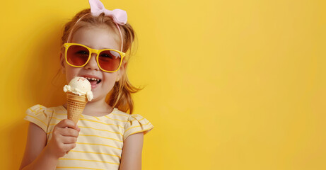 Photo of a girl in sunglasses eating ice cream on a yellow background, copy space concept for advertising and banner with a happy child enjoying summer food 