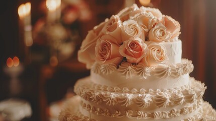 Obraz na płótnie Canvas Elegant wedding cake with beautiful roses decoration. Perfect for wedding and celebration concepts