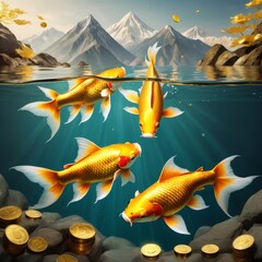 Three golden koi fish swimming in a serene mountain lake with floating gold coins