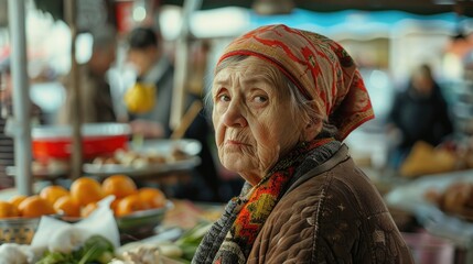 An old woman standing in front of a fruit stand, suitable for various food and market concepts