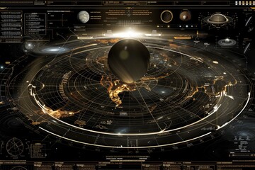 A dark themed futuristic user interface with a 3D globe in the center and various data visualizations and readouts.