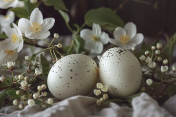 Obraz na płótnie Canvas Two white eggs resting on a bed of flowers, suitable for Easter or spring-themed designs