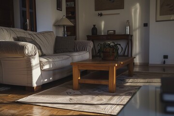 Cozy living area, minimalist decor, diffused daylight, wide lens