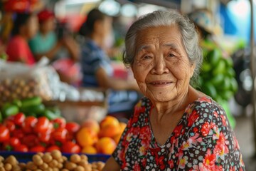 An older woman sitting in front of a fruit stand. Suitable for food market concept