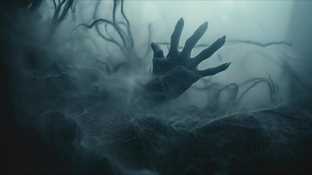 Scary night city in the fog. People trapped in a spider web. Nightmare in the moonlight. Halloween, horror and thriller concept. AI-generated.