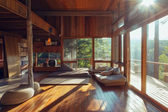 Serene abode, wooden details, clear daylight, relaxed setting, birda  seye view