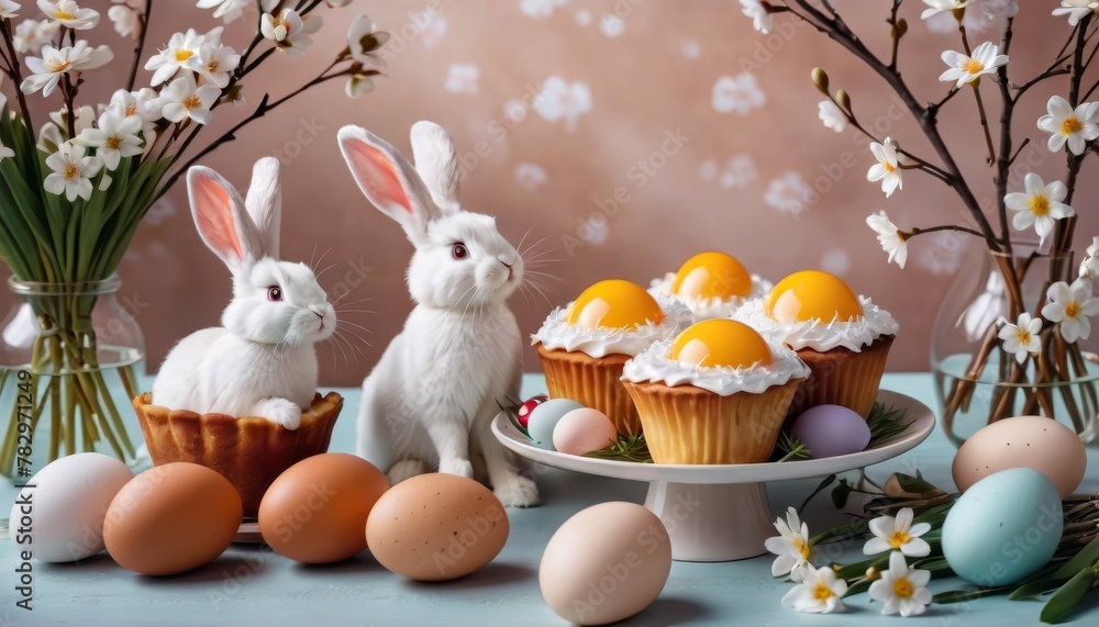 Poster Two white bunnies sit beside a spread of Easter cupcakes topped with egg-shaped frosting, complemented by a backdrop of spring blooms.. AI Generation