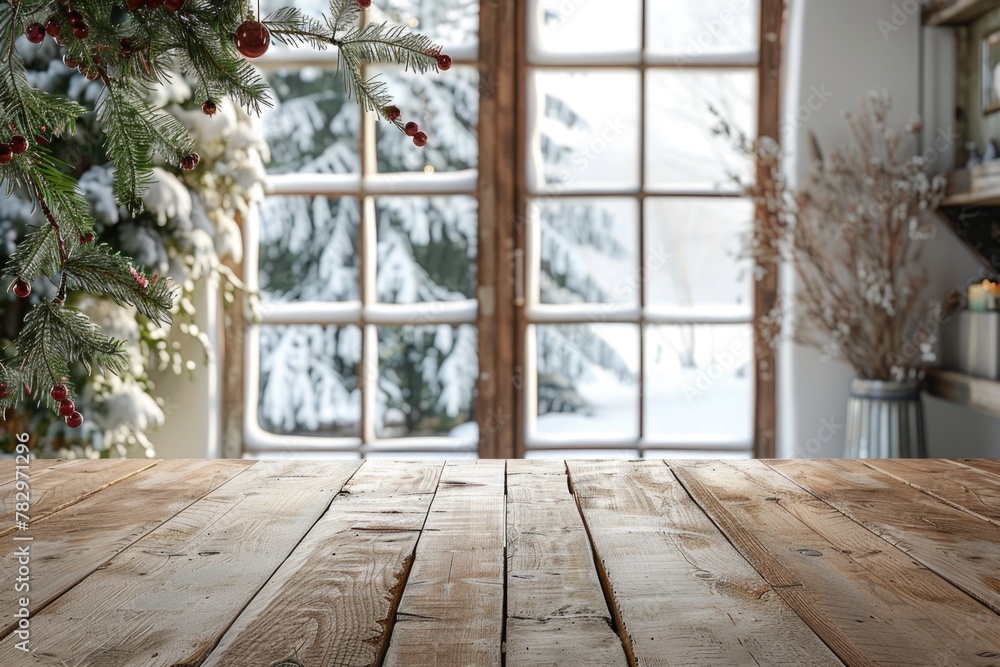 Poster a wooden table placed in front of a window. perfect for interior design concepts