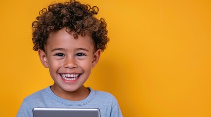 Photo of cheerful curly little latino boy on yellow background holding tablet with toothy smile as home learning on online Internet courses for children