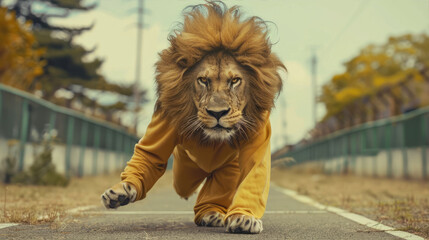 A lion in a yellow prisoner suit escapes from prison along an asphalt road - 782971212