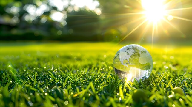 Gleaming glass globe on lush grass illuminated by the sunrise. A symbol of eco-friendliness and global sustainability. Perfect for environmental themes. AI