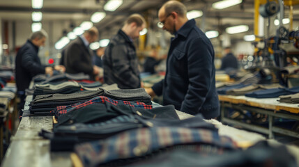A group of men are busy crafting outerwear in a textile factory - 782971408