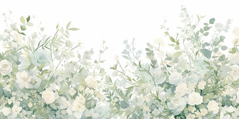 Watercolor, light green and white, delicate flowers and plants pattern - obrazy, fototapety, plakaty