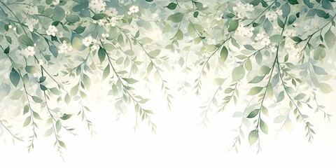 Watercolor, light green and white, delicate flowers and plants pattern 