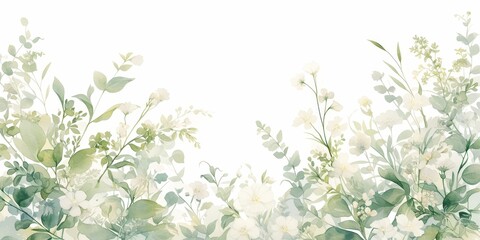 Watercolor, soft pastel green and white, delicate foliage pattern with tiny flowers - obrazy, fototapety, plakaty