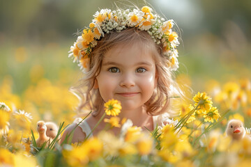 In a sunny meadow, a joyful kid plays with a duckling, adorned with a wreath of flowers