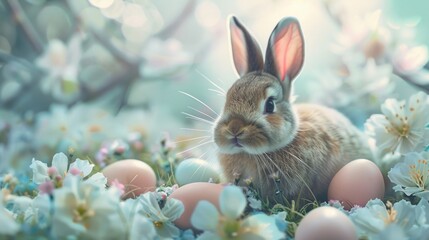 A cute rabbit sitting in a field of flowers with colorful eggs. Perfect for Easter and spring-themed designs