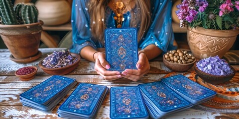 A woman predicts fate with the help of tarot cards, delving into a mystical prophecy on an esoteric table - obrazy, fototapety, plakaty
