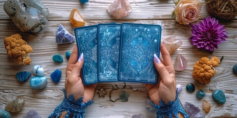Female hands hold tarot cards, delving into mystical predictions and ancient symbols