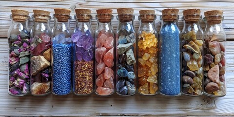 A collection of rough stones in a decorative jar on a wooden table, showcasing nature's treasures