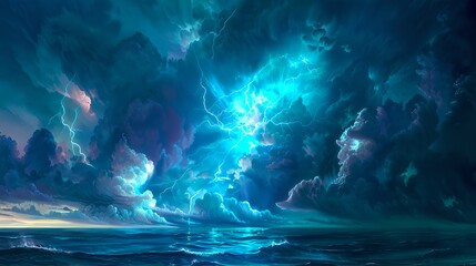 Fototapeta na wymiar Dramatic Stormy Seascape with Vibrant Lightning Strike, Surreal Ocean Artwork for Creative Projects and Design. Mystical Marine Scene. AI