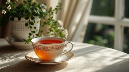 A classic English breakfast tea in an elegant teacup on light background. AI generate illustration - obrazy, fototapety, plakaty