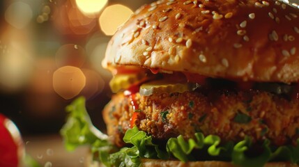 A delicious hamburger with fresh lettuce and tomato, perfect for food blogs or restaurant menus - obrazy, fototapety, plakaty