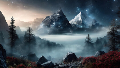 Misty dark scene with incredible landscape. Big mountains, foggy forest. - obrazy, fototapety, plakaty