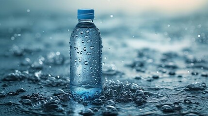 A clear bottle of water with droplets, communicating freshness on light background. AI generate illustration - obrazy, fototapety, plakaty