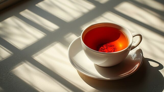 A classic English breakfast tea in an elegant teacup on light background. AI generate illustration