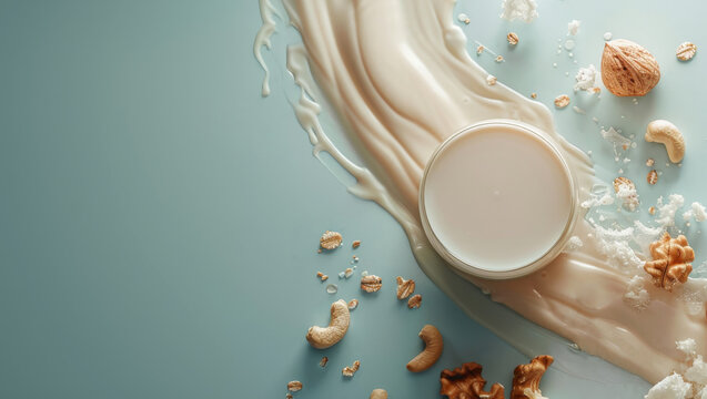 Vegan non dairy milk splash with almonds and nuts, Alternative healthy food and drink, Plant based eco organic product concept. Generative ai