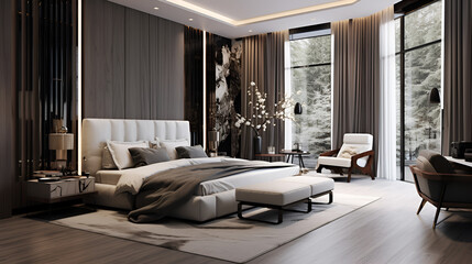 Coastal style interior design of modern bedroom ,Modern bright interiors ,Elegant luxurious bedroom with a modern bathroom
