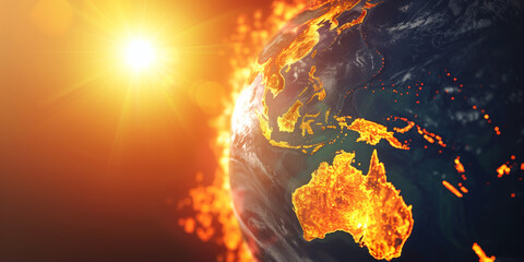 Earth globe under the extreme heat of the sun, Australia and South East Asia burning in fire, conceptual illustration of global warming, temperature increase and climate change disaster - obrazy, fototapety, plakaty