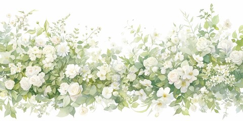 Obraz na płótnie Canvas Watercolor floral background, soft light green and white colors, elegant wild flowers and leaves