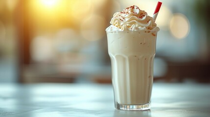 A milkshake with a straw, showcasing the creamy texture on light background. AI generate illustration - obrazy, fototapety, plakaty