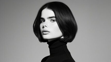 Monochromatic portrait of a woman with a retro bob haircut, classic beauty.