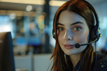 Friendly call center operator with headset in the office. Customer service, female professional
