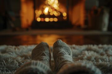 Person's feet in slippers by a cozy fireplace. Great for home decor