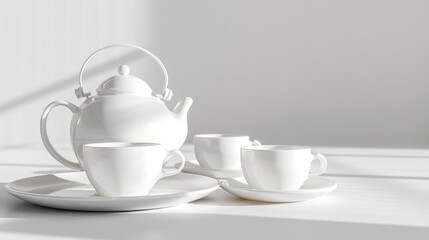 Fototapeta na wymiar White tea pot and two cups on a table. Perfect for kitchen or tea related designs