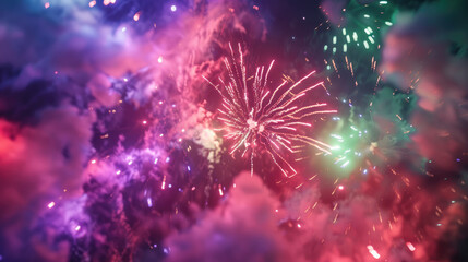 Colorful fireworks display on night sky background. Pyrotechnics show, sparks and glow