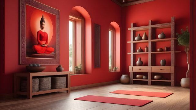 Interior of a cozy yoga room in red colors. - Powered by Adobe