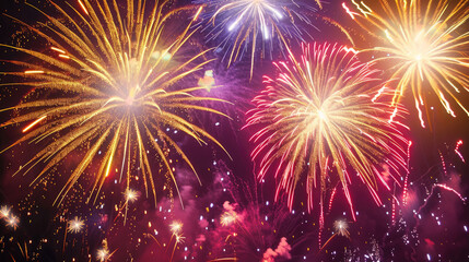 Naklejka premium Colorful fireworks display on night sky background. Pyrotechnics show, sparks and glow