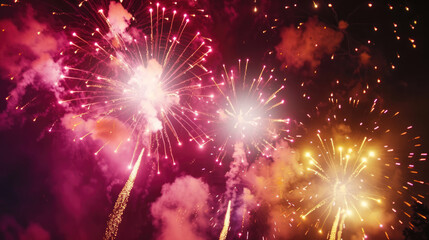 Colorful fireworks display on night sky background. Pyrotechnics show, sparks and glow