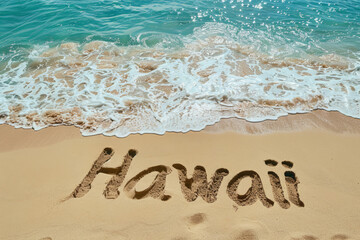 Hawaii written in the sand on a beach. Hawaiian tourism and vacation background